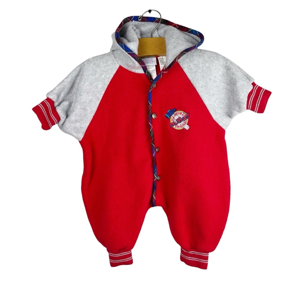 Vintage Hooded Small Steps Fleece Bunting Romper Gold Buttons Size 3-6 Months